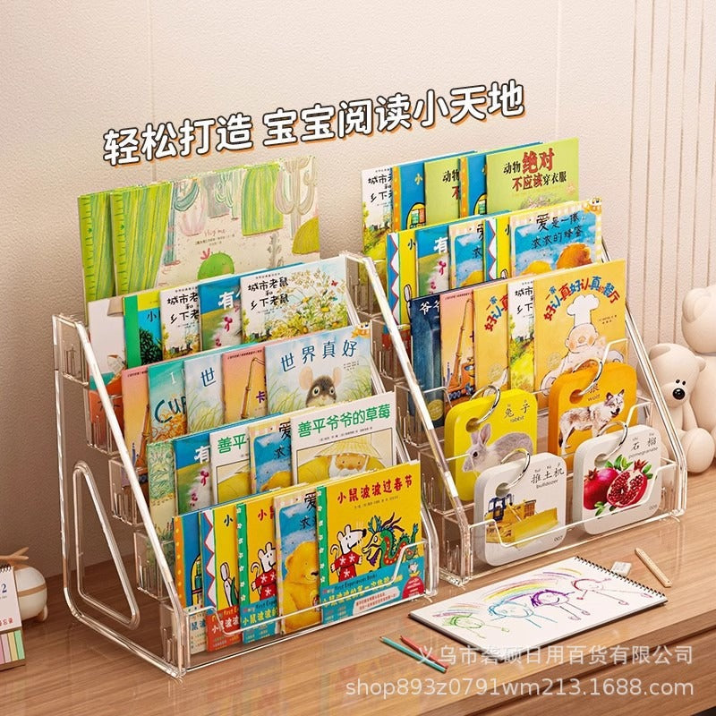 Transparent Acrylic Stepped Book and Magazine Storage Rack Multi-Layer Desktop Book Stand Bedside Table Children's Picture Book Storage