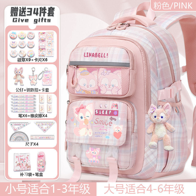 Pink Cartoon School Backpack for Girls, Primary School Orthopedic Support, Lightweight, Large Capacity, Cute Pet Design, Kids Back-to-School Rucksack
