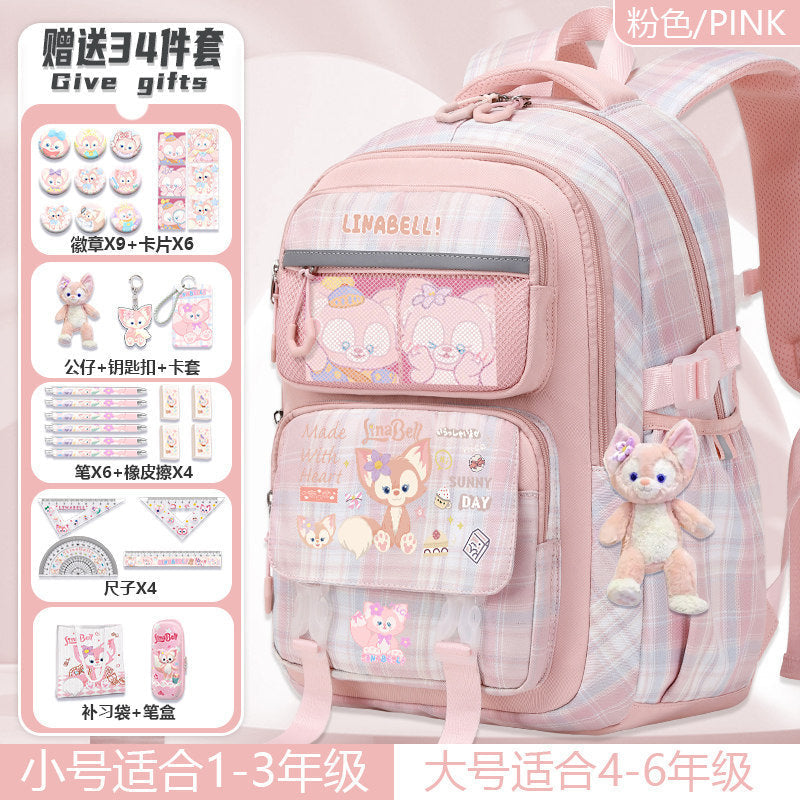 Pink Cartoon School Backpack for Girls, Primary School Orthopedic Support, Lightweight, Large Capacity, Cute Pet Design, Kids Back-to-School Rucksack