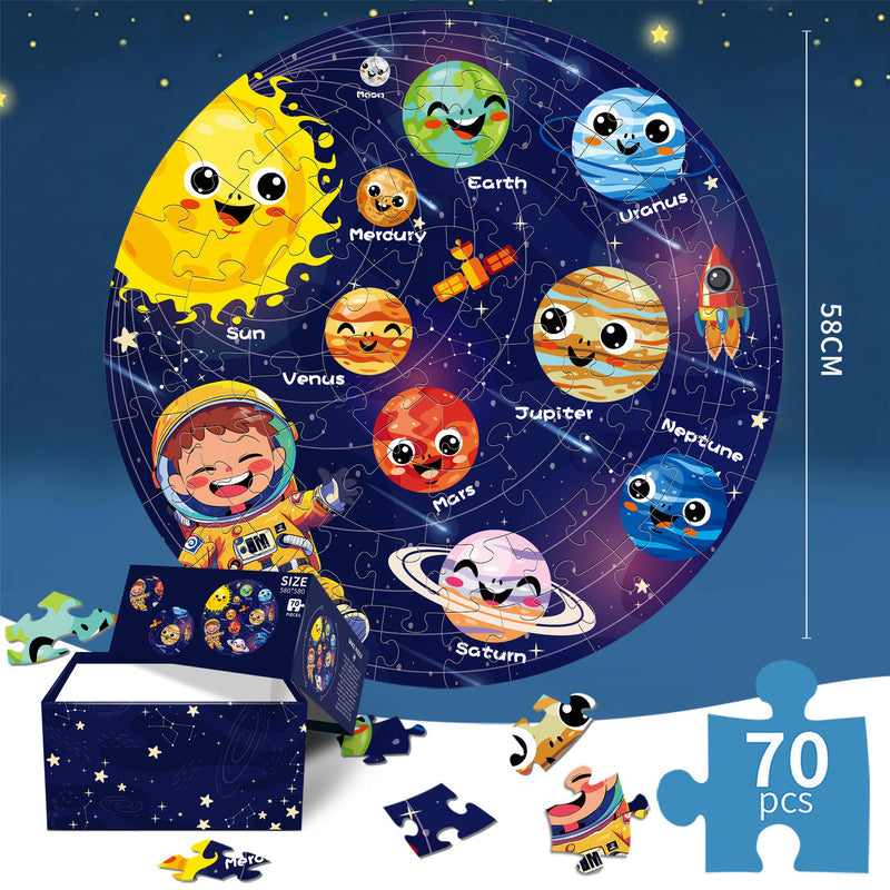 Round Cross-Border Blue Cardstock 70-Piece Puzzle Set—Space Night Glow Jigsaw Puzzle for Kids, Educational Fun Puzzle Toy