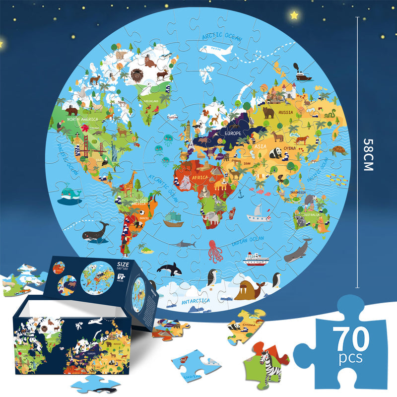 Round Cross-Border Blue Cardstock 70-Piece Puzzle Set—Space Night Glow Jigsaw Puzzle for Kids, Educational Fun Puzzle Toy