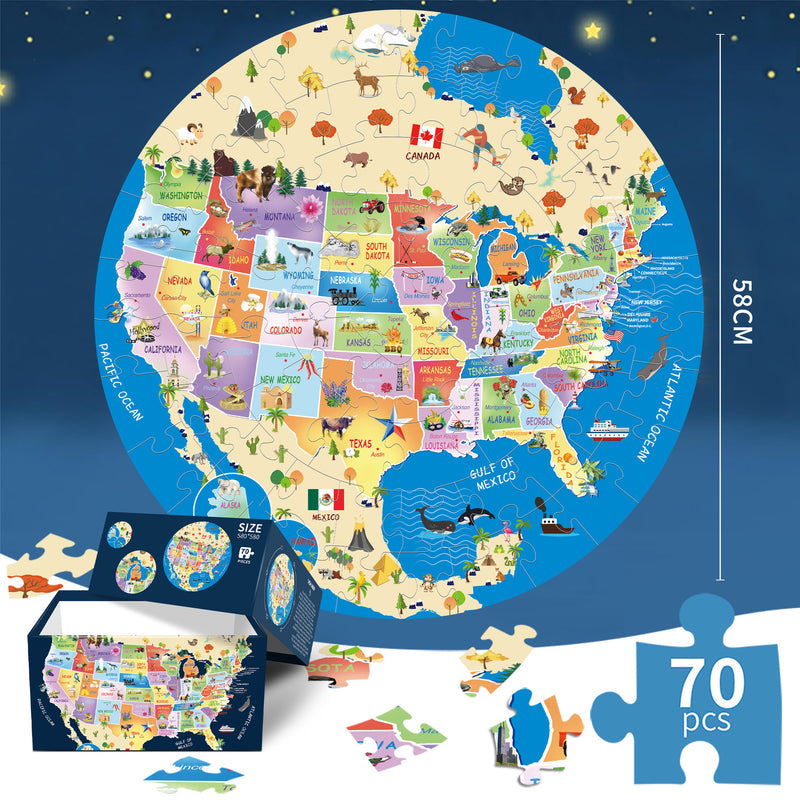 Round Cross-Border Blue Cardstock 70-Piece Puzzle Set—Space Night Glow Jigsaw Puzzle for Kids, Educational Fun Puzzle Toy