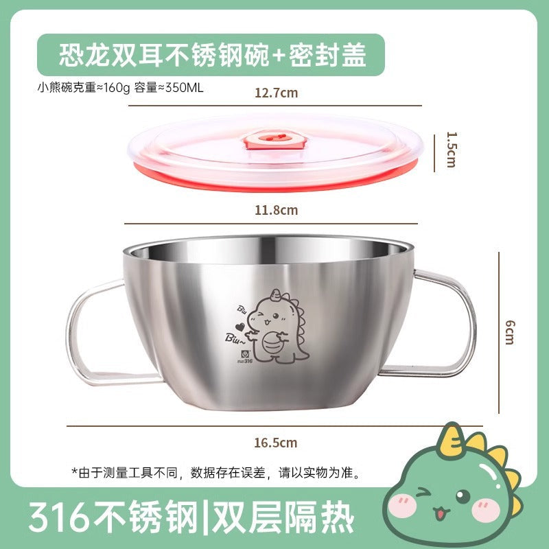 Children's 316 stainless steel bowl baby meal special complementary bowl cute ears with lid food grade anti-scald rice bowl
