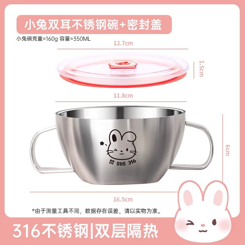 Children's 316 stainless steel bowl baby meal special complementary bowl cute ears with lid food grade anti-scald rice bowl