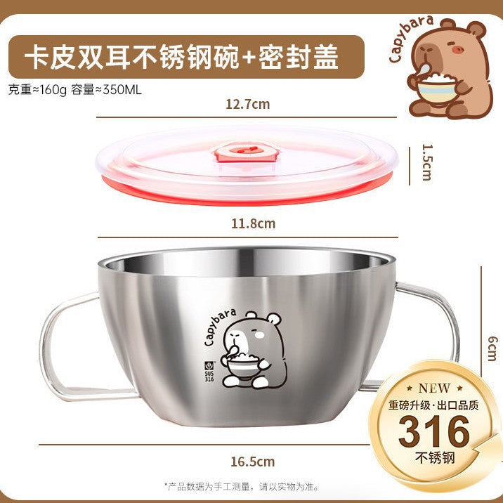 Children's 316 stainless steel bowl baby meal special complementary bowl cute ears with lid food grade anti-scald rice bowl