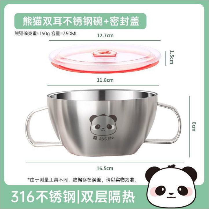 Children's 316 stainless steel bowl baby meal special complementary bowl cute ears with lid food grade anti-scald rice bowl