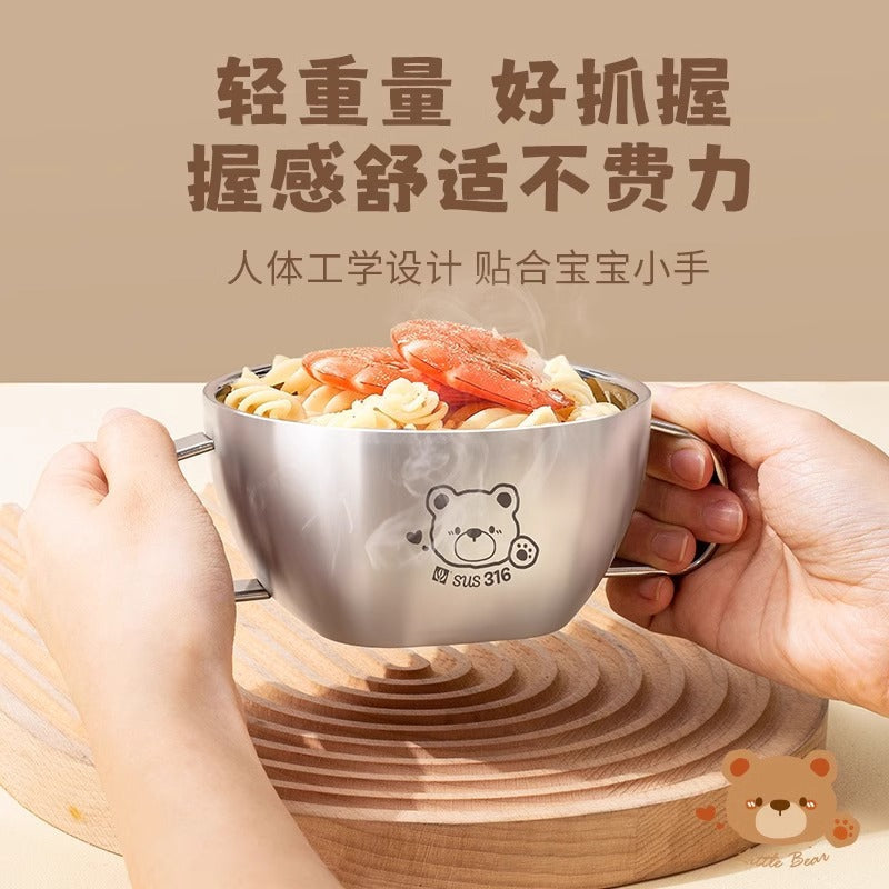 Children's 316 stainless steel bowl baby meal special complementary bowl cute ears with lid food grade anti-scald rice bowl