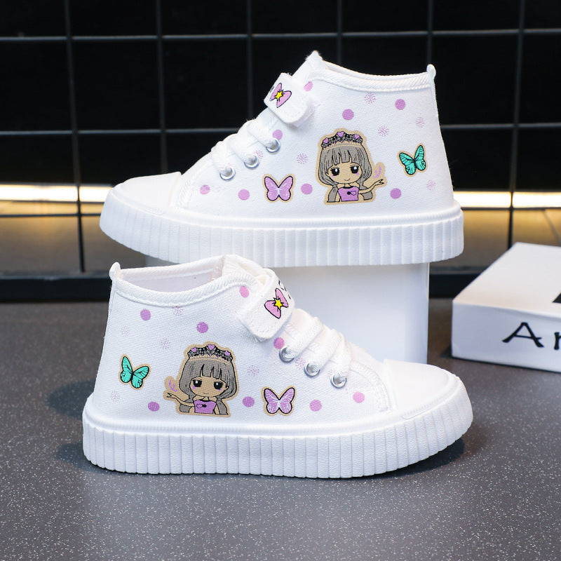Girls' Canvas Shoes Cloth Shoes Children's 2024 Non-slip New Style White Shoes Soft Sole Casual High-top Board Shoes for Spring and Autumn
