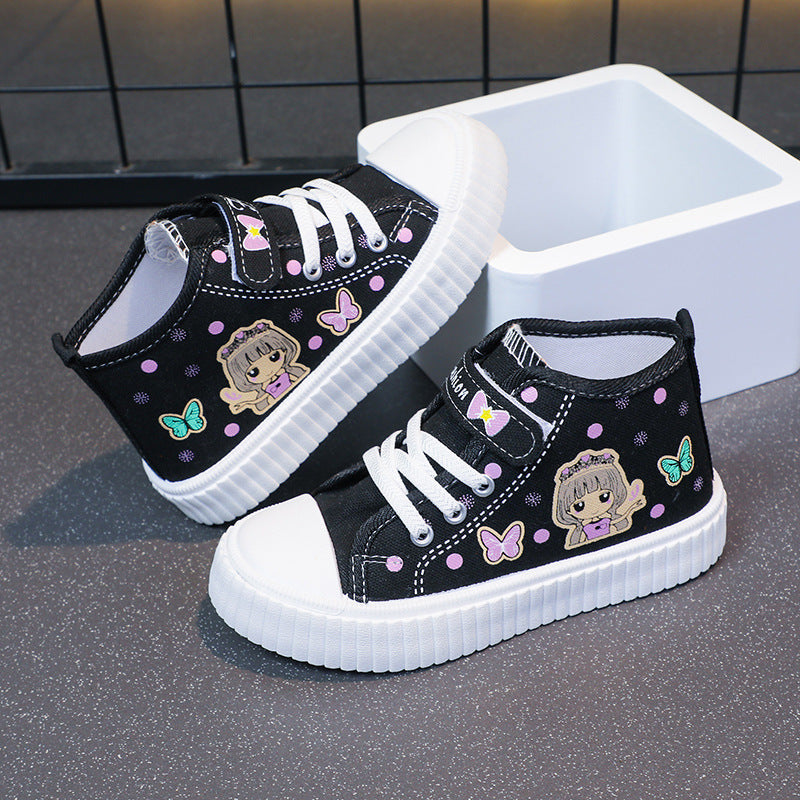 Girls' Canvas Shoes Cloth Shoes Children's 2024 Non-slip New Style White Shoes Soft Sole Casual High-top Board Shoes for Spring and Autumn
