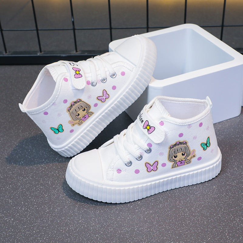 Girls' Canvas Shoes Cloth Shoes Children's 2024 Non-slip New Style White Shoes Soft Sole Casual High-top Board Shoes for Spring and Autumn