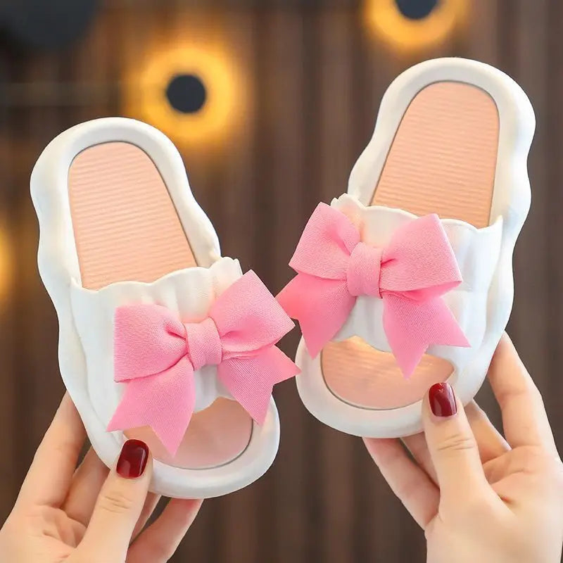 Children Slippers Girls Wearing Soft Soled Slippers Outside Cute Bow Anti Slip Bathroom Slippers Contrast Color Kid Slippers