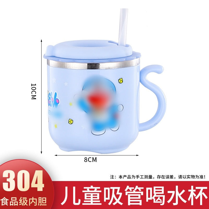 304 stainless steel water cup with straw kindergarten Cup double-layer cute children's milk cup small yellow duck gift
