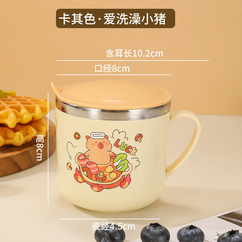 304 Stainless Steel Kidsren's Water Cup Cartoon with Handle Kindergarten Student Drinking Cup Milk Cup with Lid Double-Layer Cup