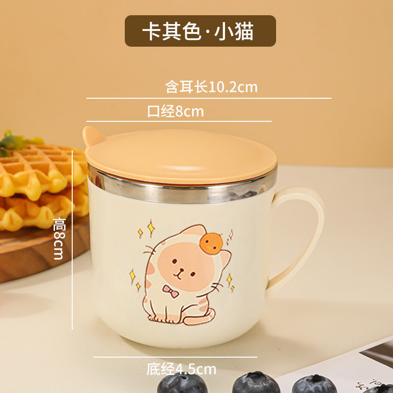 304 Stainless Steel Kidsren's Water Cup Cartoon with Handle Kindergarten Student Drinking Cup Milk Cup with Lid Double-Layer Cup