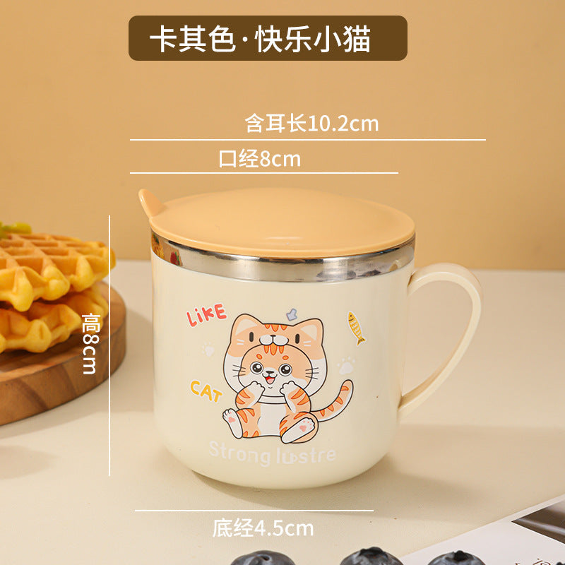 304 Stainless Steel Kidsren's Water Cup Cartoon with Handle Kindergarten Student Drinking Cup Milk Cup with Lid Double-Layer Cup