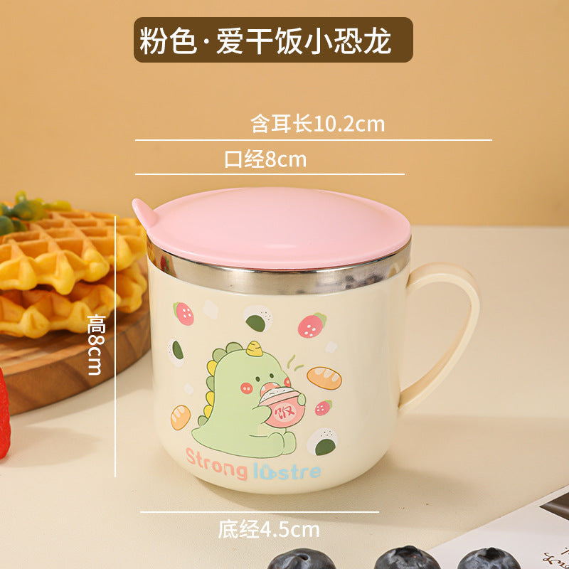 304 Stainless Steel Kidsren's Water Cup Cartoon with Handle Kindergarten Student Drinking Cup Milk Cup with Lid Double-Layer Cup