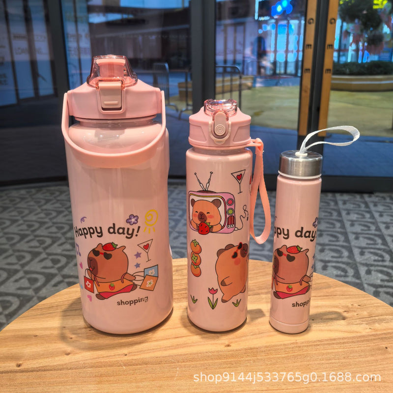Cartoon Large Capacity Three-Piece Cup Gradient Cyber Celebrous Plastic Water Cup Sports Kettle Bounce Lid Rainbow Set Cup