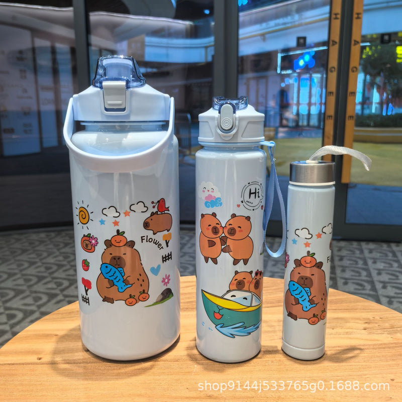 Cartoon Large Capacity Three-Piece Cup Gradient Cyber Celebrous Plastic Water Cup Sports Kettle Bounce Lid Rainbow Set Cup