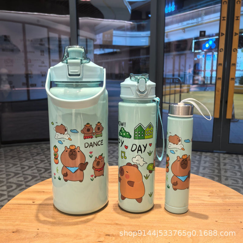 Cartoon Large Capacity Three-Piece Cup Gradient Cyber Celebrous Plastic Water Cup Sports Kettle Bounce Lid Rainbow Set Cup