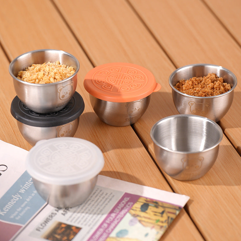 Mini Portable Sauce Cup Seasoning Box Cartoon Bear Plate with Lid Tomato Salad Sauce Cup 304 Stainless Steel