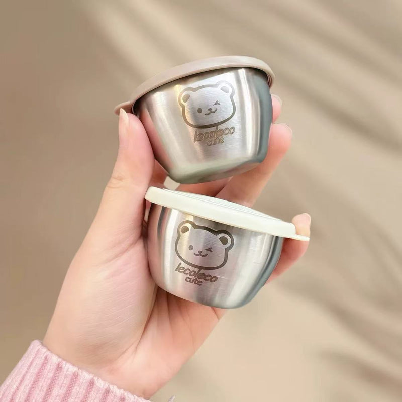 Mini Portable Sauce Cup Seasoning Box Cartoon Bear Plate with Lid Tomato Salad Sauce Cup 304 Stainless Steel