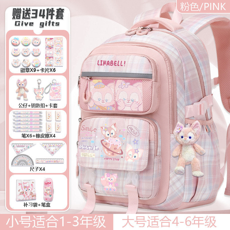 Pink Cartoon School Backpack for Girls, Primary School Orthopedic Support, Lightweight, Large Capacity, Cute Pet Design, Kids Back-to-School Rucksack