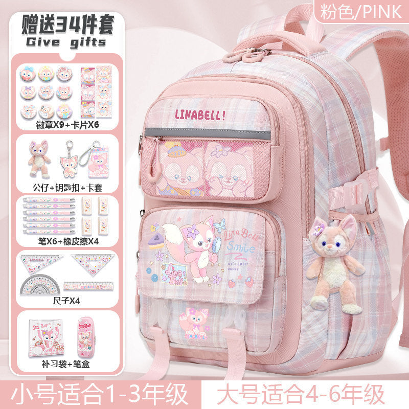 Pink Cartoon School Backpack for Girls, Primary School Orthopedic Support, Lightweight, Large Capacity, Cute Pet Design, Kids Back-to-School Rucksack