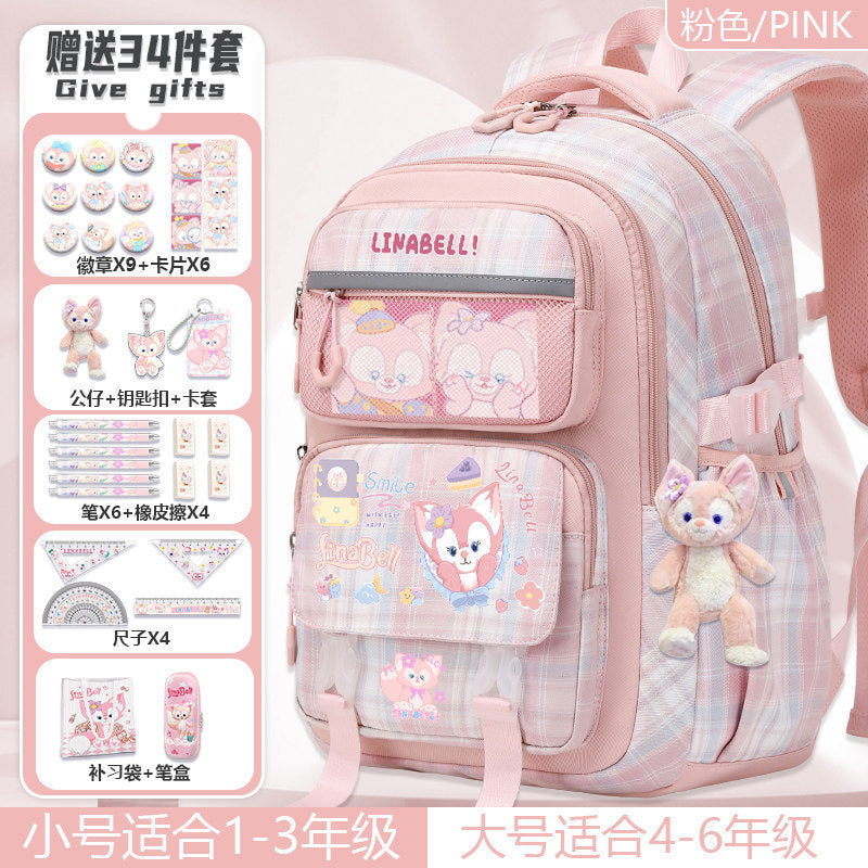 Pink Cartoon School Backpack for Girls, Primary School Orthopedic Support, Lightweight, Large Capacity, Cute Pet Design, Kids Back-to-School Rucksack