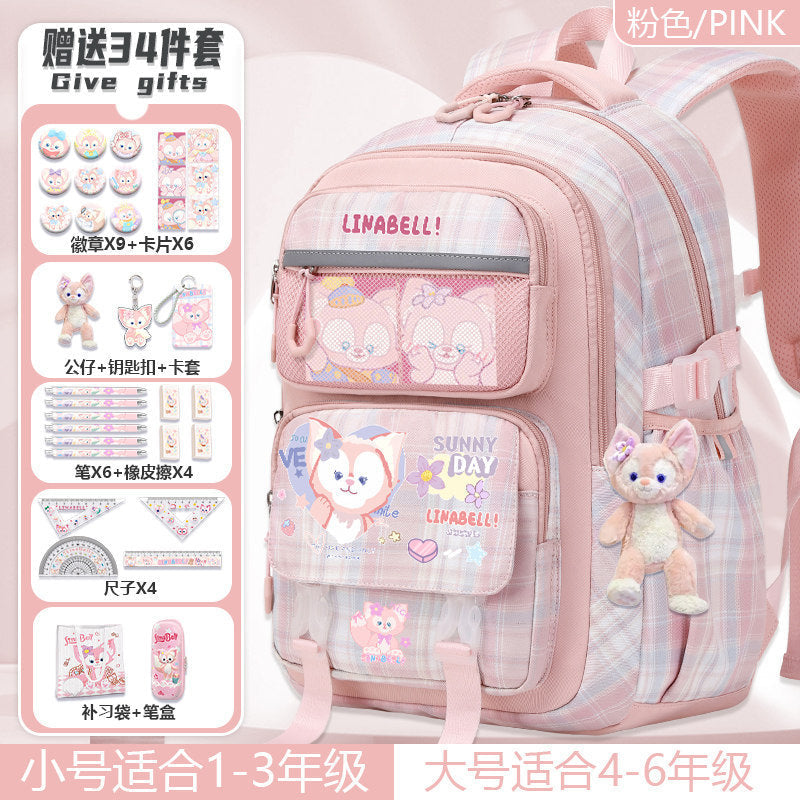 Pink Cartoon School Backpack for Girls, Primary School Orthopedic Support, Lightweight, Large Capacity, Cute Pet Design, Kids Back-to-School Rucksack