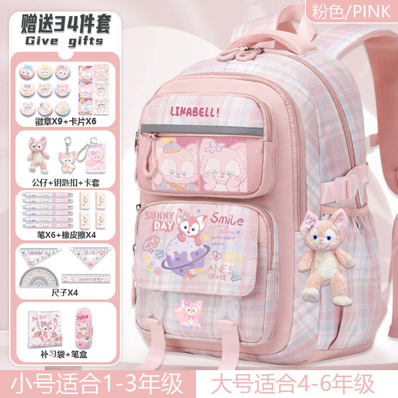Pink Cartoon School Backpack for Girls, Primary School Orthopedic Support, Lightweight, Large Capacity, Cute Pet Design, Kids Back-to-School Rucksack