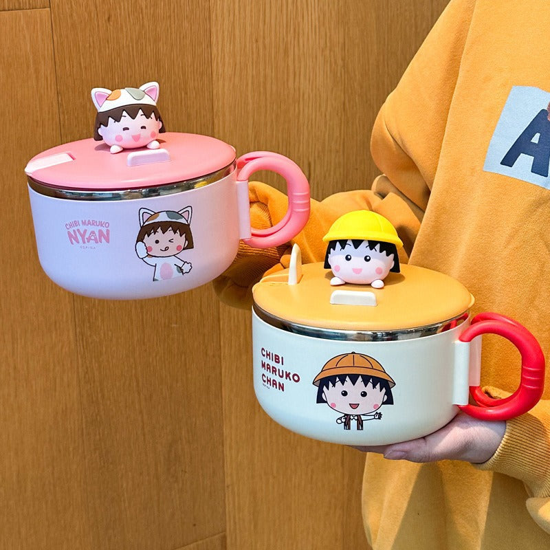 304 Stainless Steel Genuine Chibi Maruko-Chan Instant Noodle Bowl Student Dormitory Cartoon Large Round Instant Noodle Cup with Lid