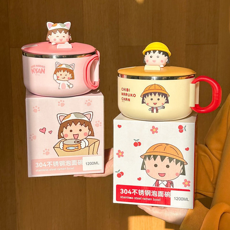 304 Stainless Steel Genuine Chibi Maruko-Chan Instant Noodle Bowl Student Dormitory Cartoon Large Round Instant Noodle Cup with Lid