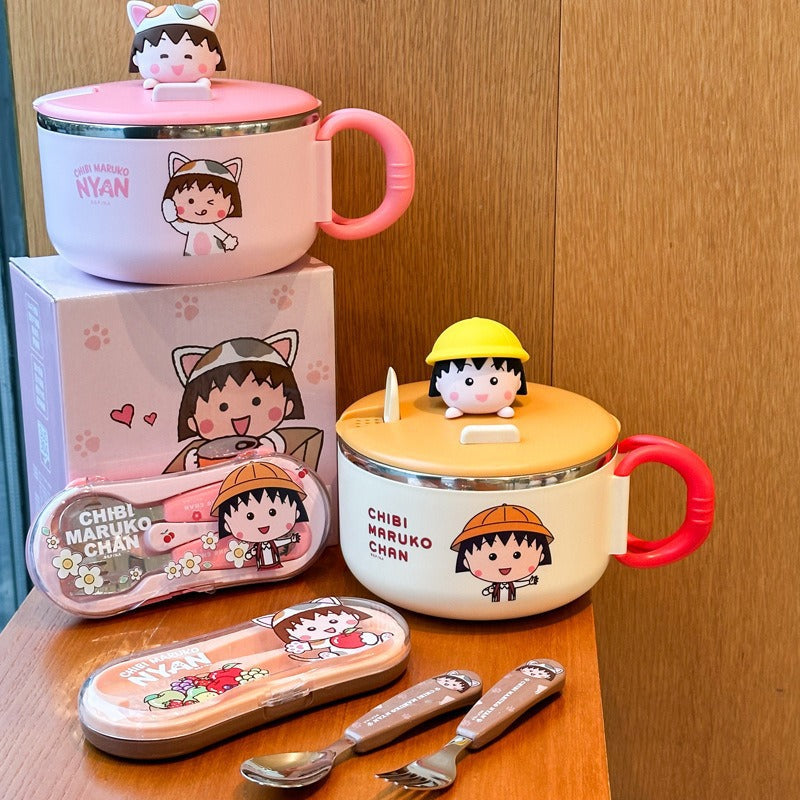 304 Stainless Steel Genuine Chibi Maruko-Chan Instant Noodle Bowl Student Dormitory Cartoon Large Round Instant Noodle Cup with Lid
