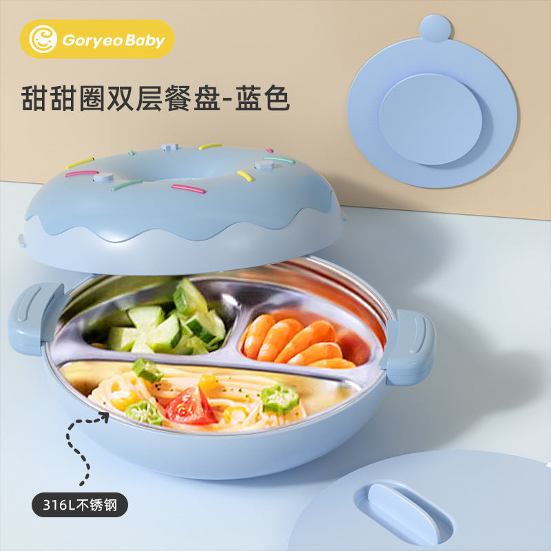 Goryeobaby Kids Stainless Steel Suction Cup Water-Fill Insulated Bowl for Baby (Bento-Style Divided Feeding Plate)