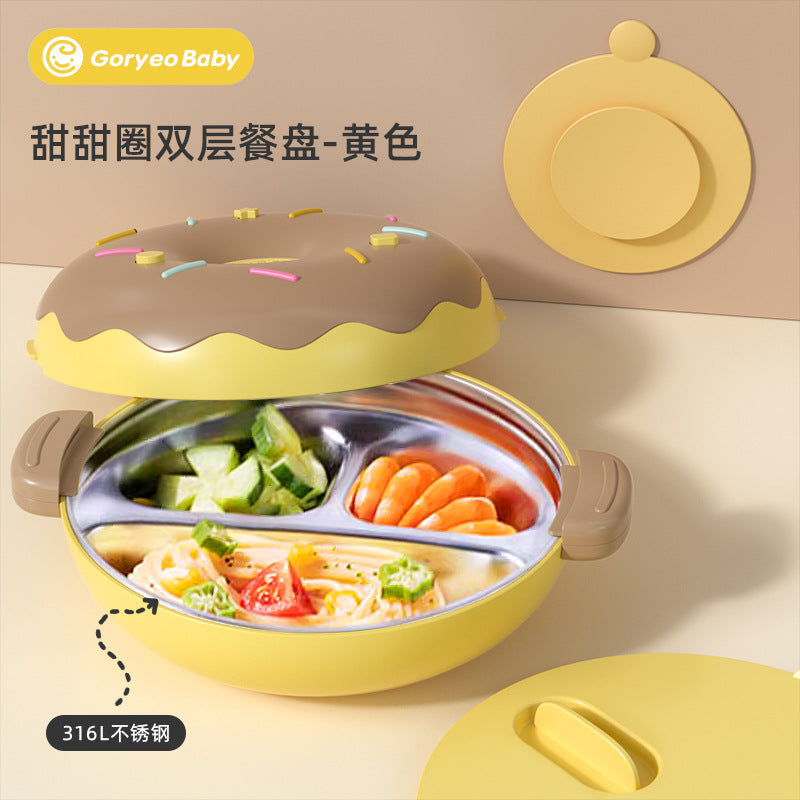 Goryeobaby Kids Stainless Steel Suction Cup Water-Fill Insulated Bowl for Baby (Bento-Style Divided Feeding Plate)
