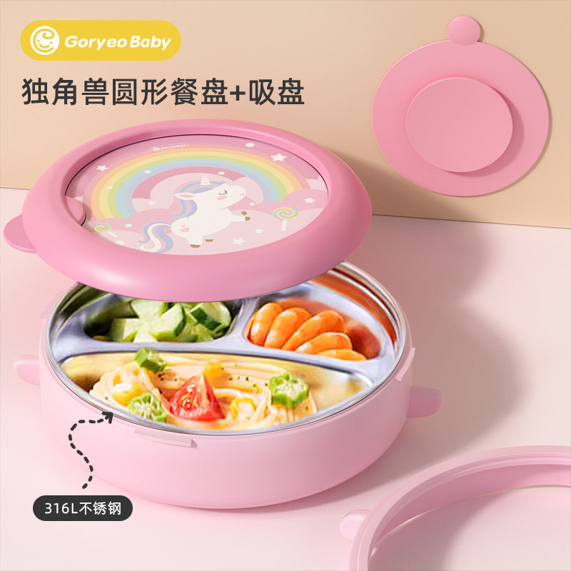 Goryeobaby Kids Stainless Steel Suction Cup Water-Fill Insulated Bowl for Baby (Bento-Style Divided Feeding Plate)