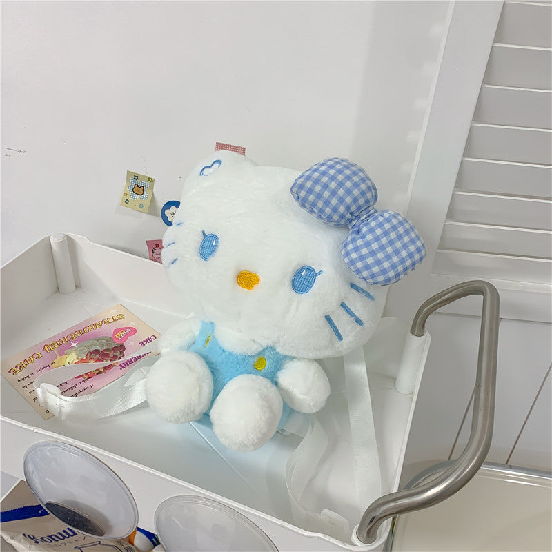 Adorable Soft Plush 3D Doll Backpack Sweet Cartoon Bow Cat Plush Bag Korean-Style Girls’ Mini Rucksack