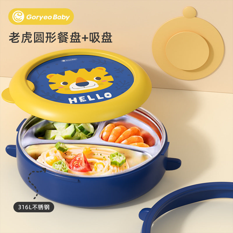 Goryeobaby Kids Stainless Steel Suction Cup Water-Fill Insulated Bowl for Baby (Bento-Style Divided Feeding Plate)