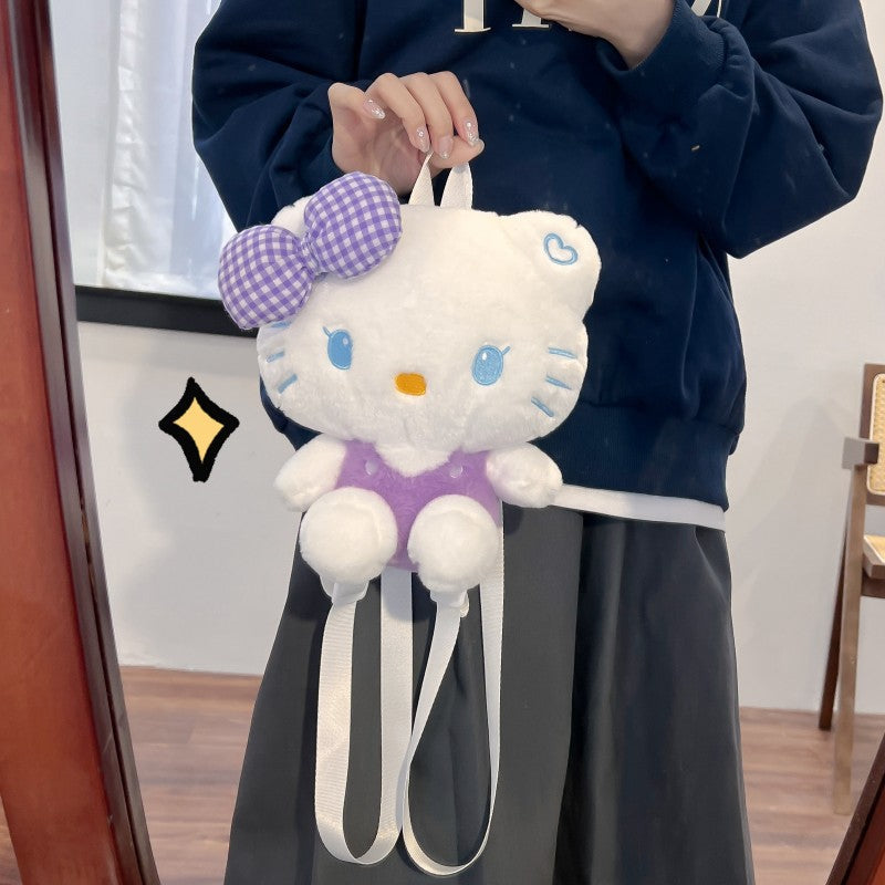 Adorable Soft Plush 3D Doll Backpack Sweet Cartoon Bow Cat Plush Bag Korean-Style Girls’ Mini Rucksack