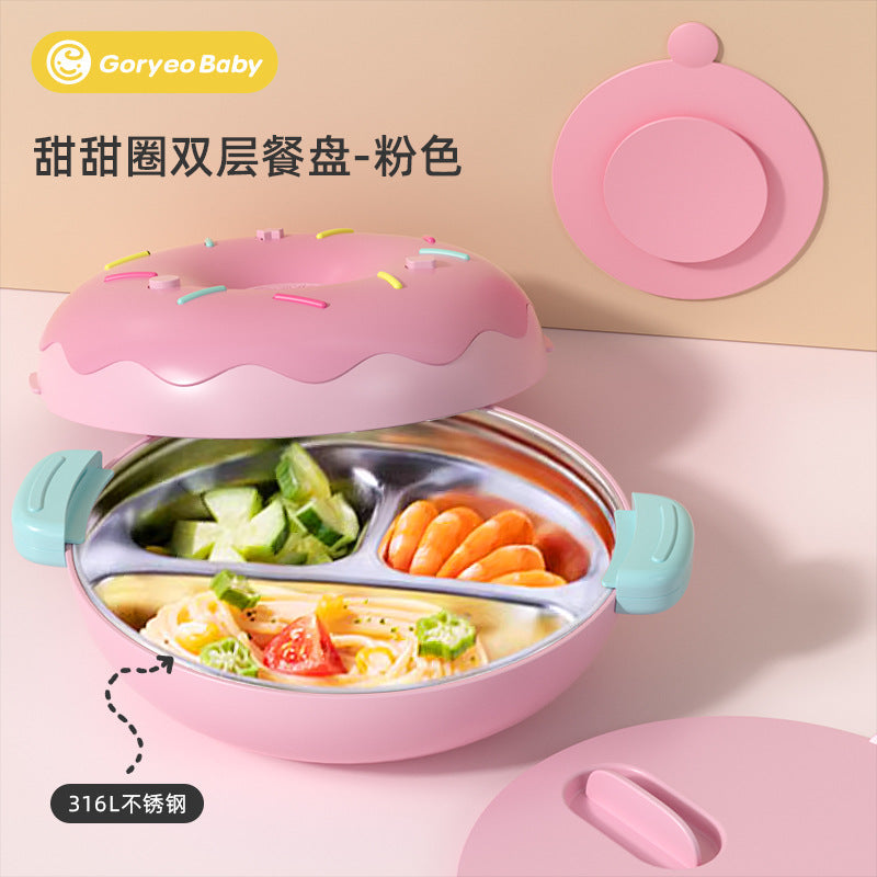 Goryeobaby Kids Stainless Steel Suction Cup Water-Fill Insulated Bowl for Baby (Bento-Style Divided Feeding Plate)