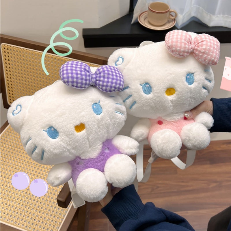 Adorable Soft Plush 3D Doll Backpack Sweet Cartoon Bow Cat Plush Bag Korean-Style Girls’ Mini Rucksack