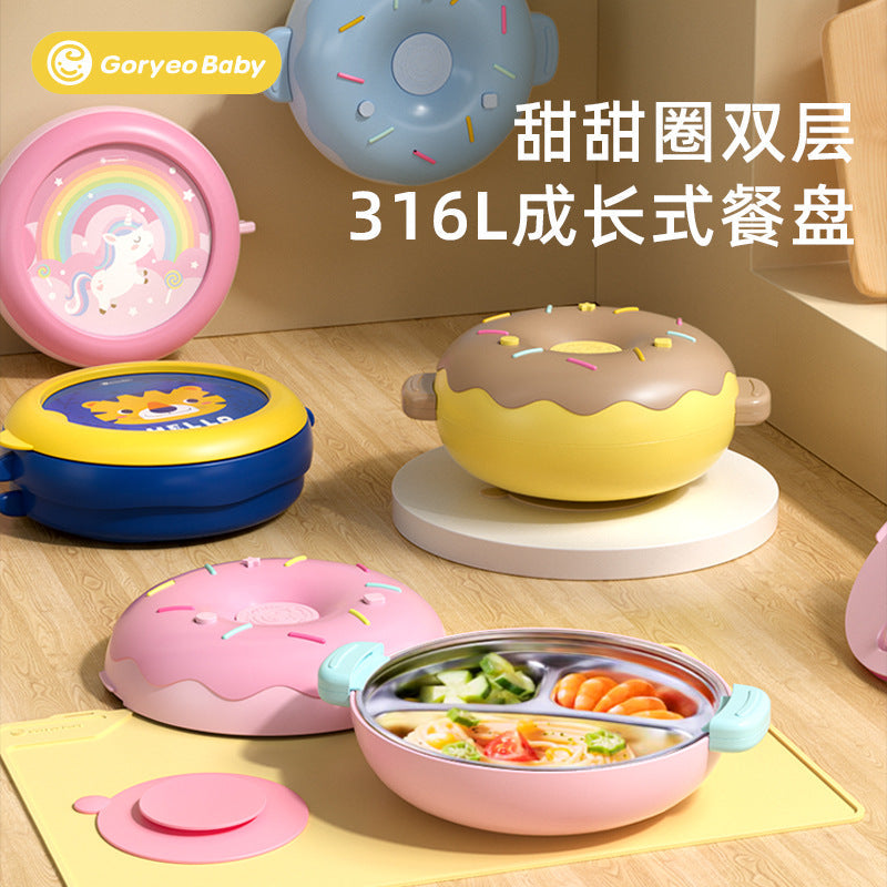 Goryeobaby Kids Stainless Steel Suction Cup Water-Fill Insulated Bowl for Baby (Bento-Style Divided Feeding Plate)