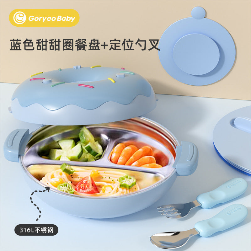 Goryeobaby Kids Stainless Steel Suction Cup Water-Fill Insulated Bowl for Baby (Bento-Style Divided Feeding Plate)