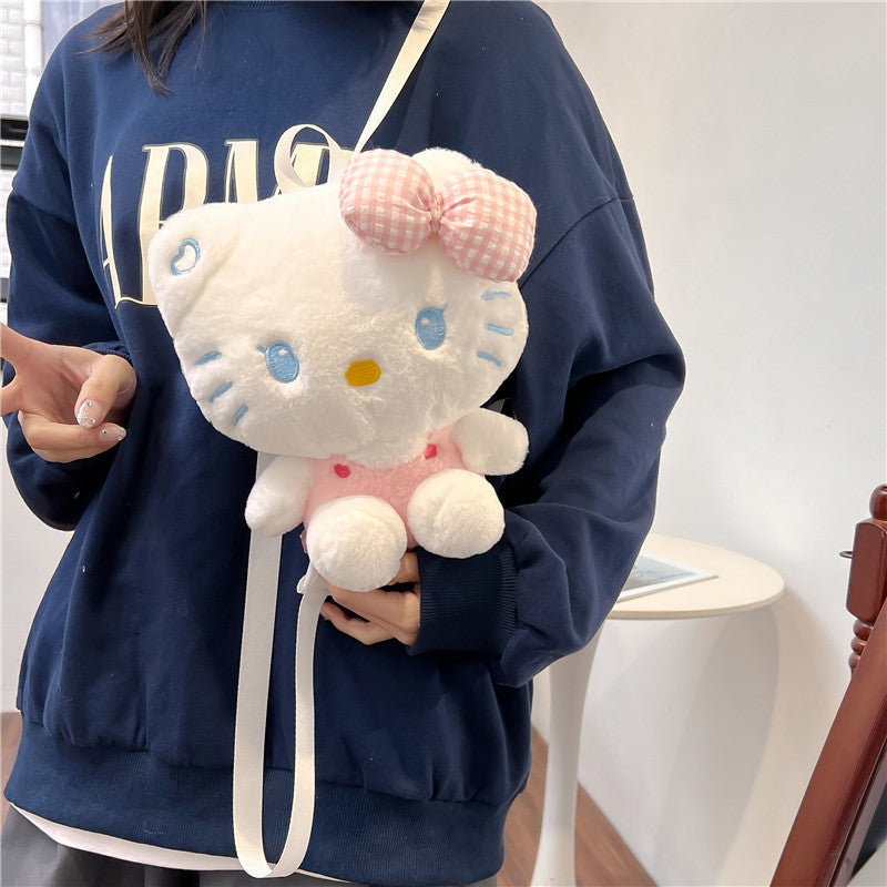 Adorable Soft Plush 3D Doll Backpack Sweet Cartoon Bow Cat Plush Bag Korean-Style Girls’ Mini Rucksack