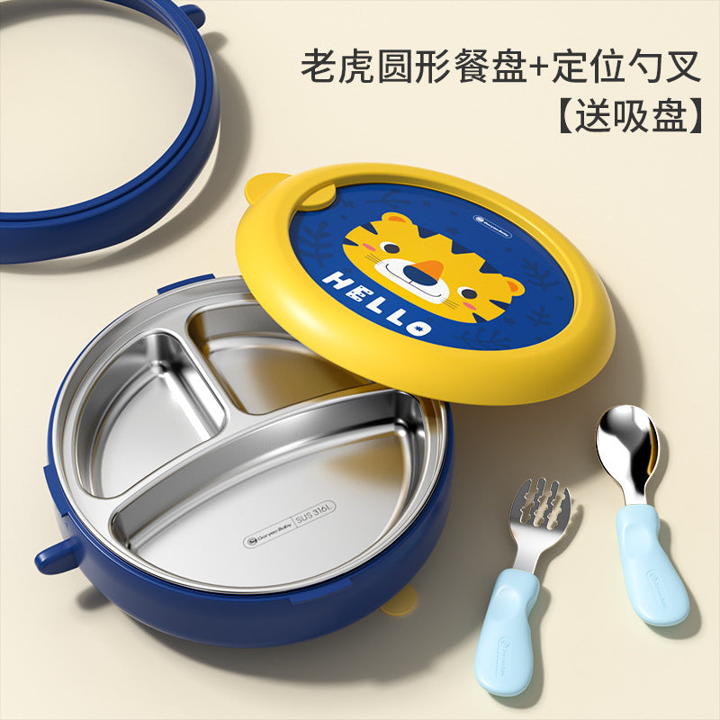 Goryeobaby Kids Stainless Steel Suction Cup Water-Fill Insulated Bowl for Baby (Bento-Style Divided Feeding Plate)