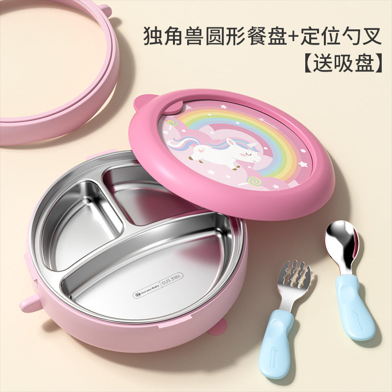 Goryeobaby Kids Stainless Steel Suction Cup Water-Fill Insulated Bowl for Baby (Bento-Style Divided Feeding Plate)