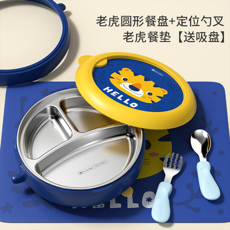 Goryeobaby Kids Stainless Steel Suction Cup Water-Fill Insulated Bowl for Baby (Bento-Style Divided Feeding Plate)