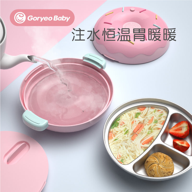 Goryeobaby Kids Stainless Steel Suction Cup Water-Fill Insulated Bowl for Baby (Bento-Style Divided Feeding Plate)