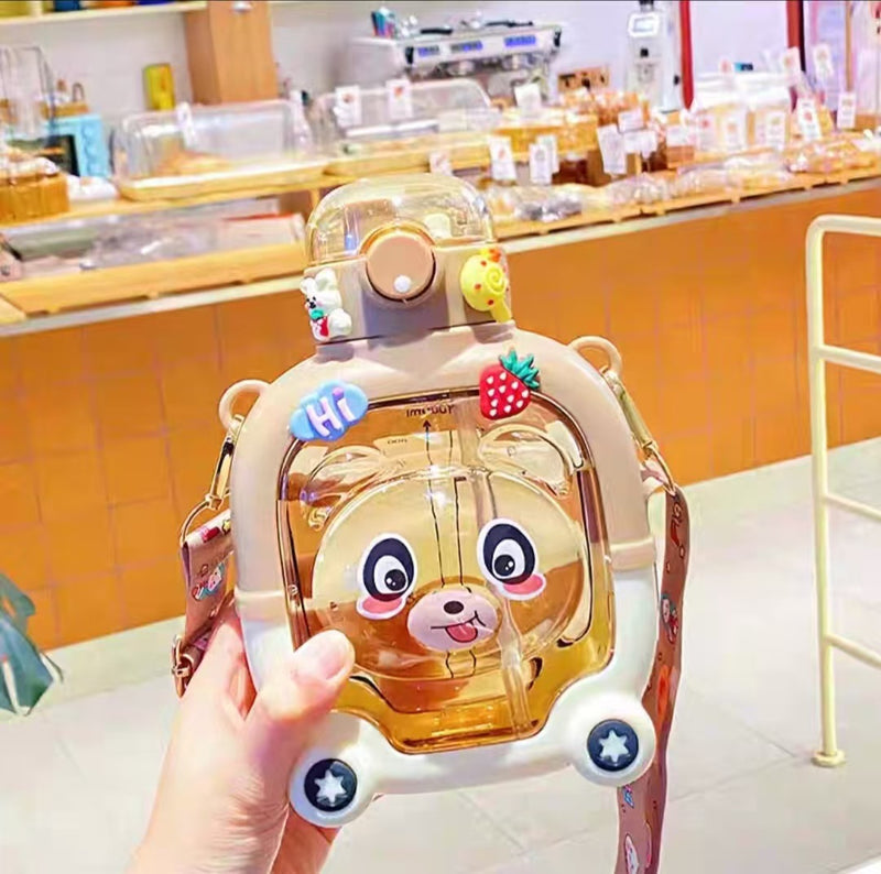 Magic Bear Cartoon Square Creative Kids Water Cup, Stylish Summer Outdoor Shatter-Resistant Large Capacity Single-Drink Plastic Bottle