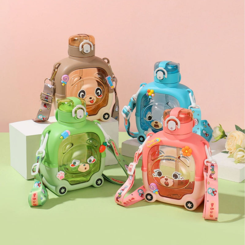 Magic Bear Cartoon Square Creative Kids Water Cup, Stylish Summer Outdoor Shatter-Resistant Large Capacity Single-Drink Plastic Bottle